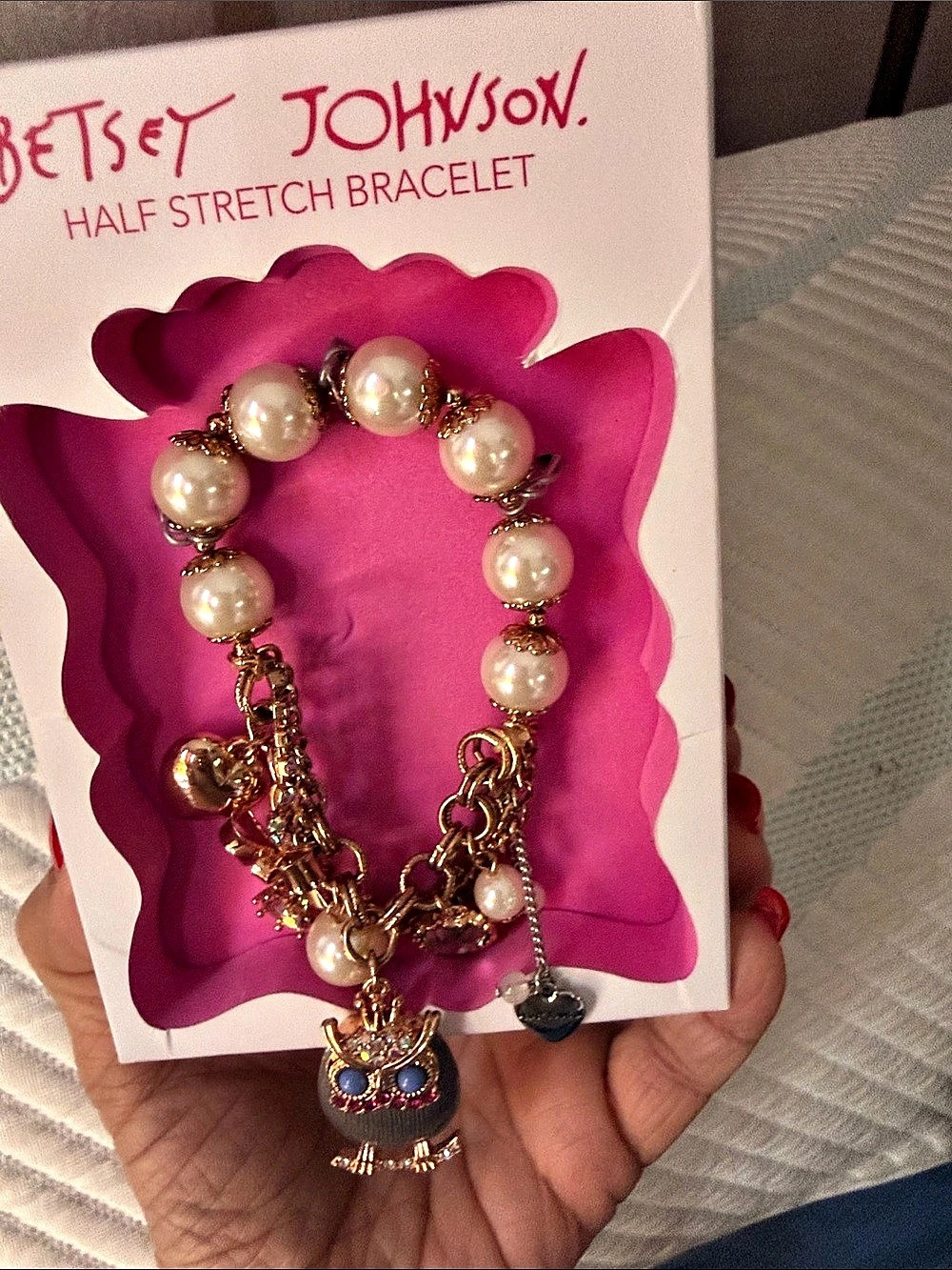 Betsey Johnson Owl Half-Stretch Charm Bracelet Pink & Gold-still in original rem